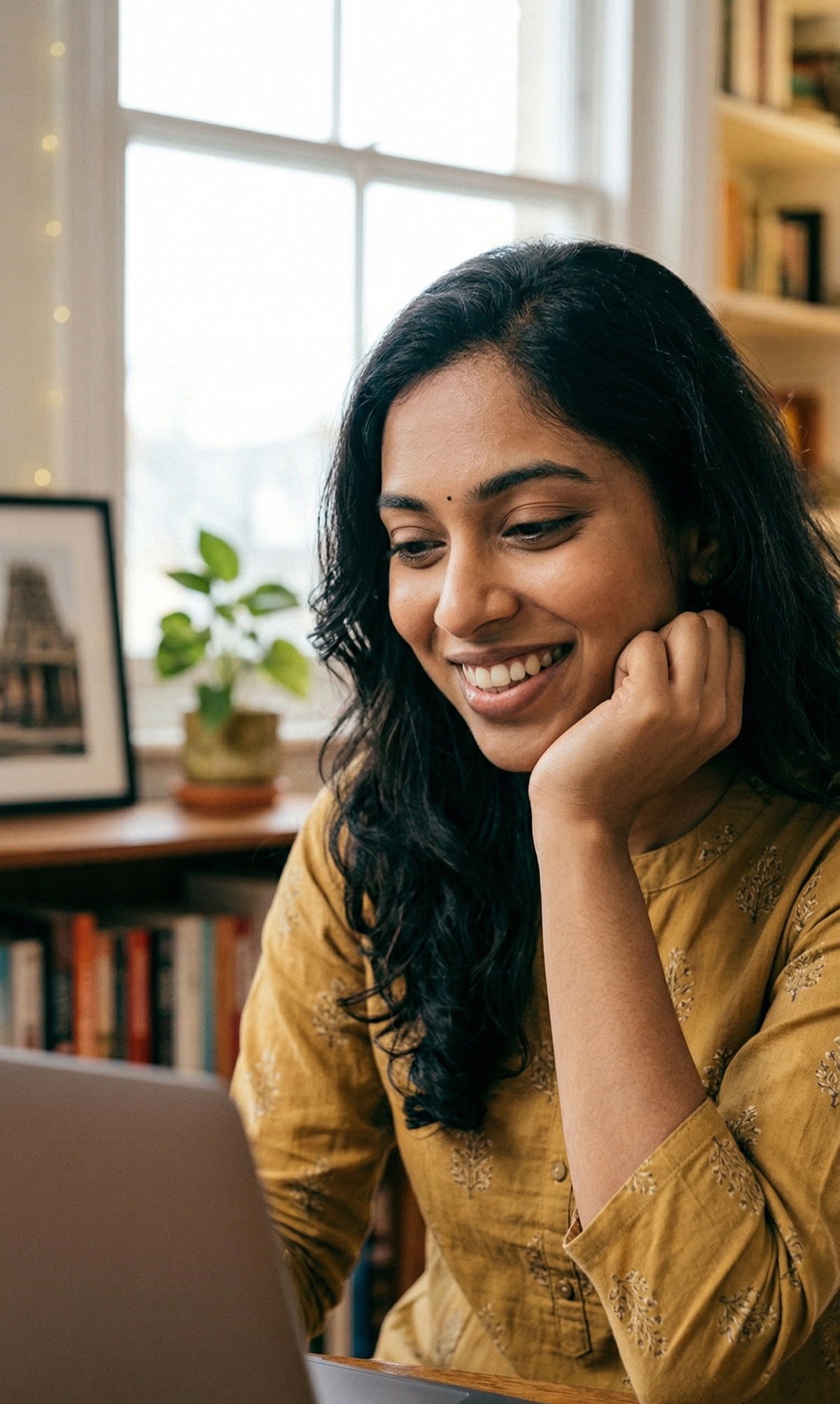 A smiling Unmute member joining a circle from her laptop