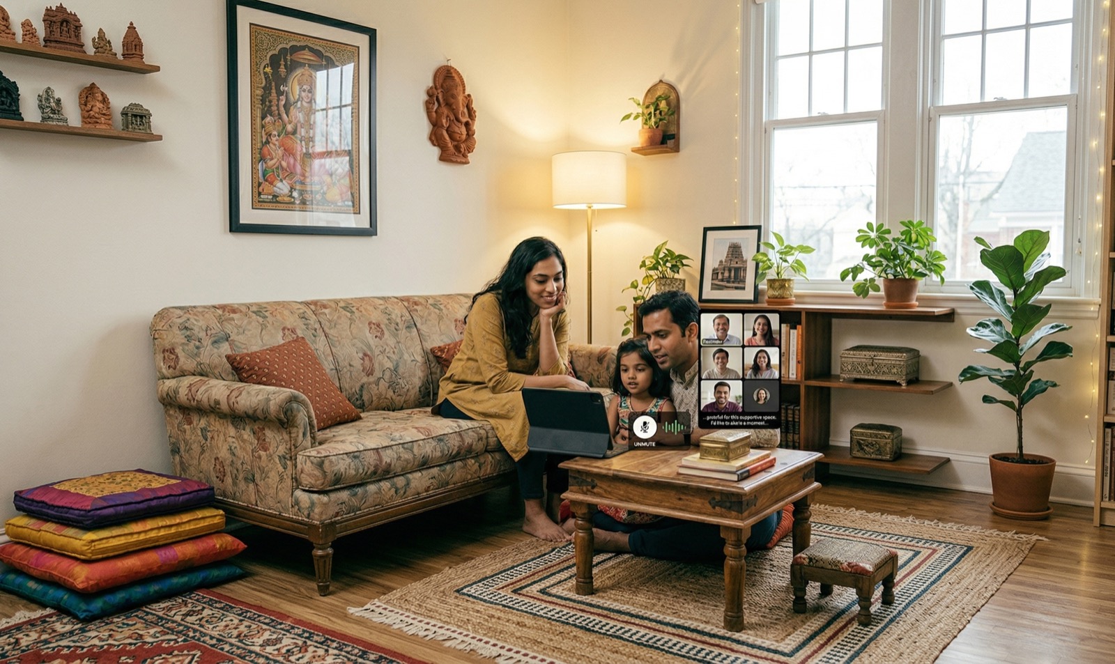 A family joining an Unmute session together from a warm living room